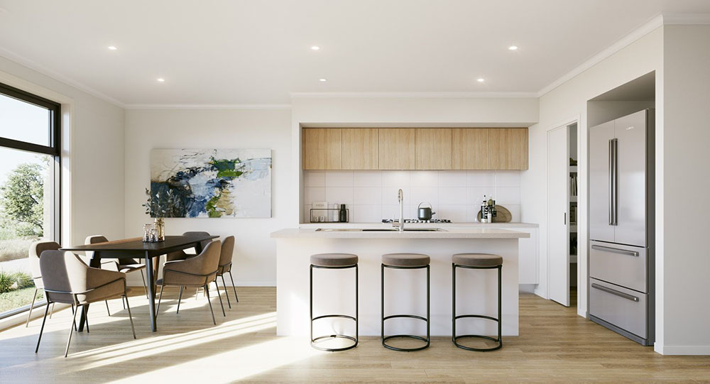 Artist impression of Echo Townhome kitchen and dining in light colour scheme